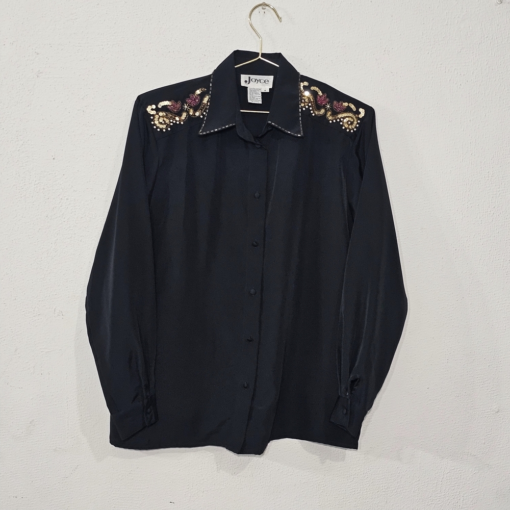 Vintage Joyce Black Beaded Sequin Western Button Down Shirt Sz 8 Grandmacore 70s